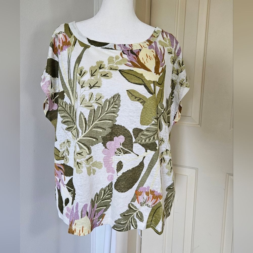 Rachel Zoe 100% Linen Floral Boat Neck Summer Top Womens Medium